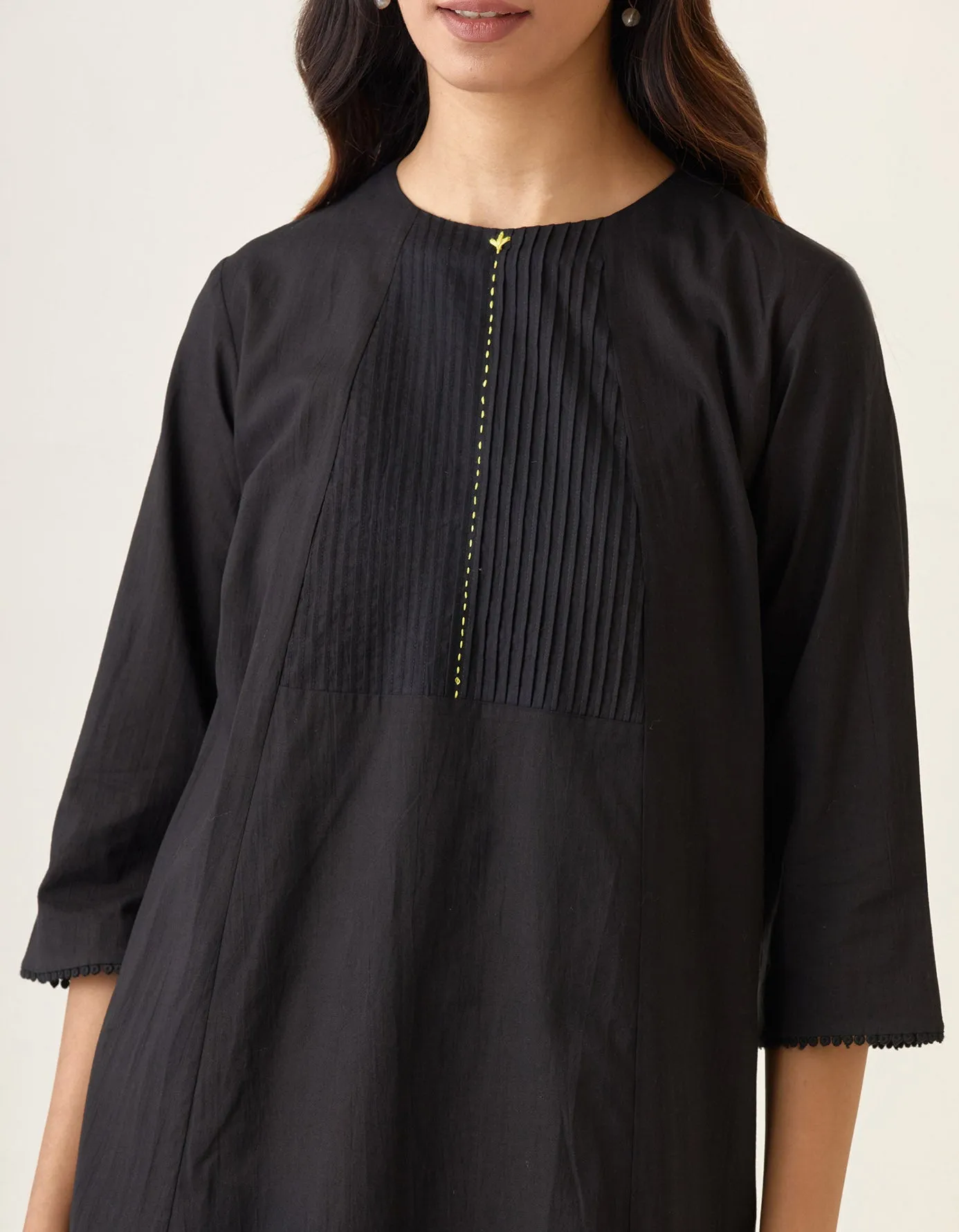 A Line Pin tuck Kurta with Cotton Pants in Black & Chanderi Handloom Dupatta in Lemon Yellow(Set of 3)