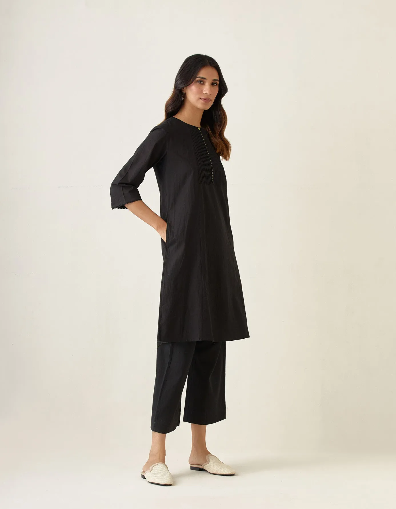 A Line Pin tuck Kurta with Cotton Pants in Black & Chanderi Handloom Dupatta in Lemon Yellow(Set of 3)