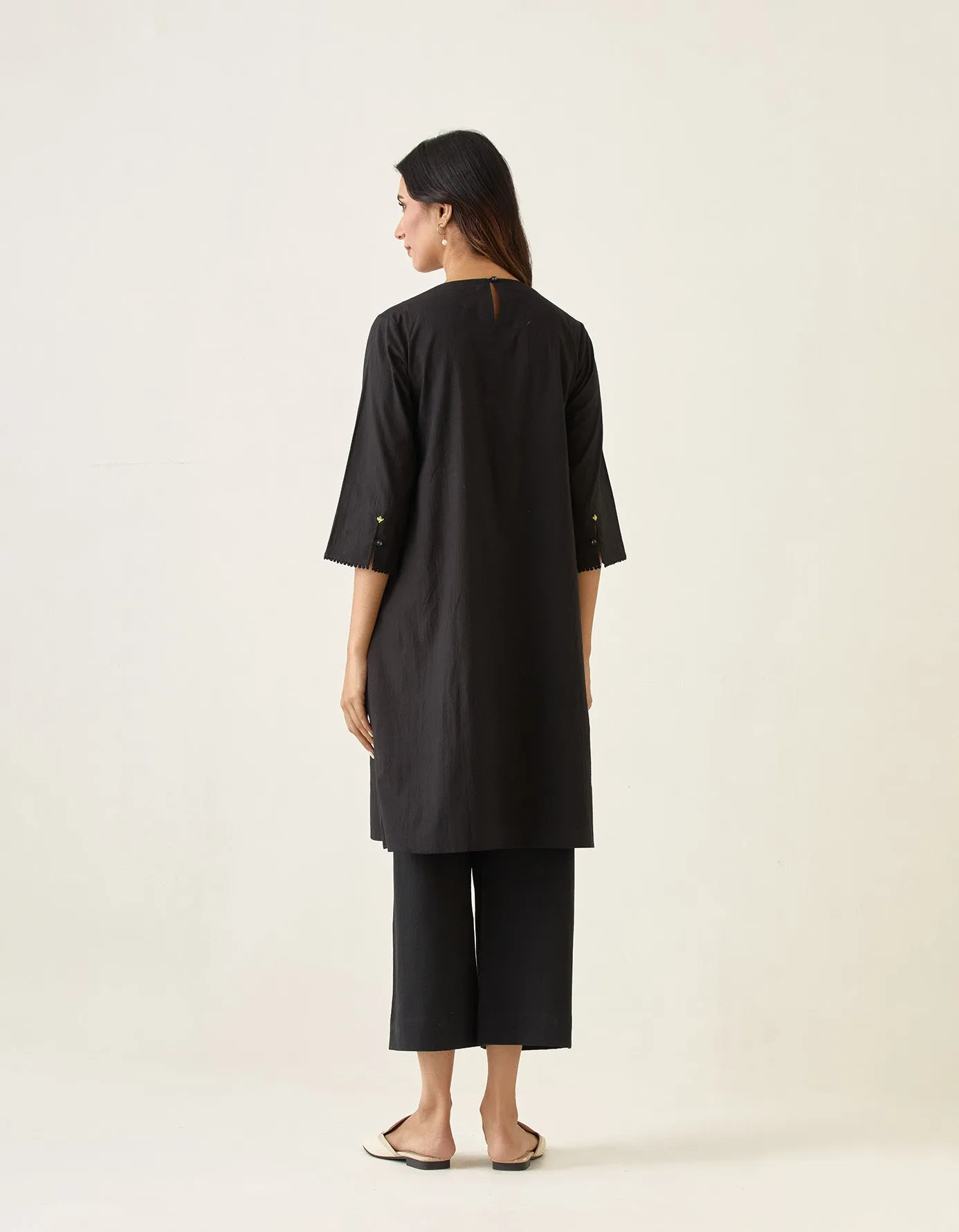A Line Pin tuck Kurta with Cotton Pants in Black & Chanderi Handloom Dupatta in Lemon Yellow(Set of 3)