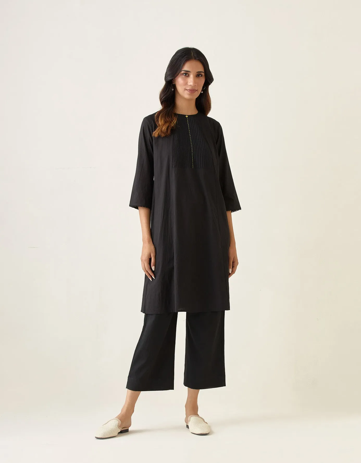 A Line Pin tuck Kurta with Cotton Pants in Black & Chanderi Handloom Dupatta in Lemon Yellow(Set of 3)