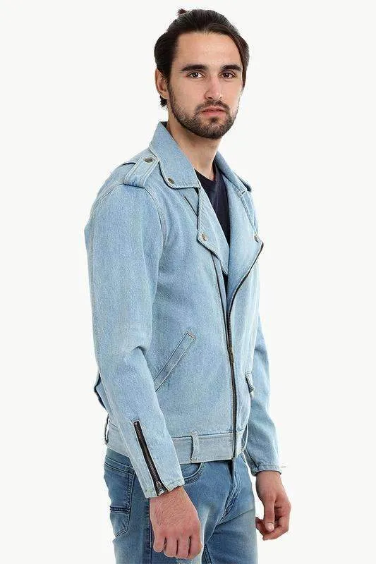Biker Style Light Wash Denim Jacket