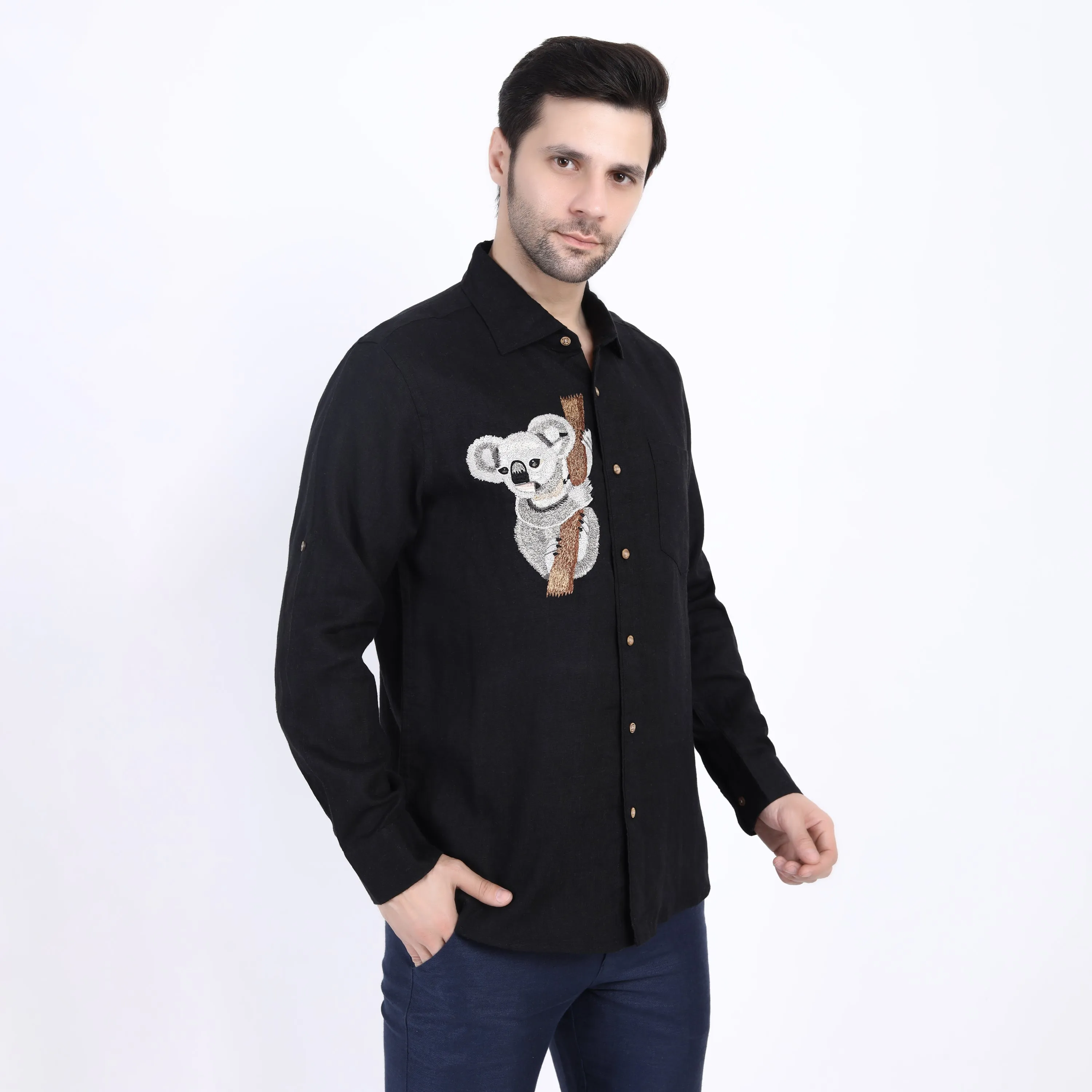 Black Koala Bear Embroidered Linen Shirt