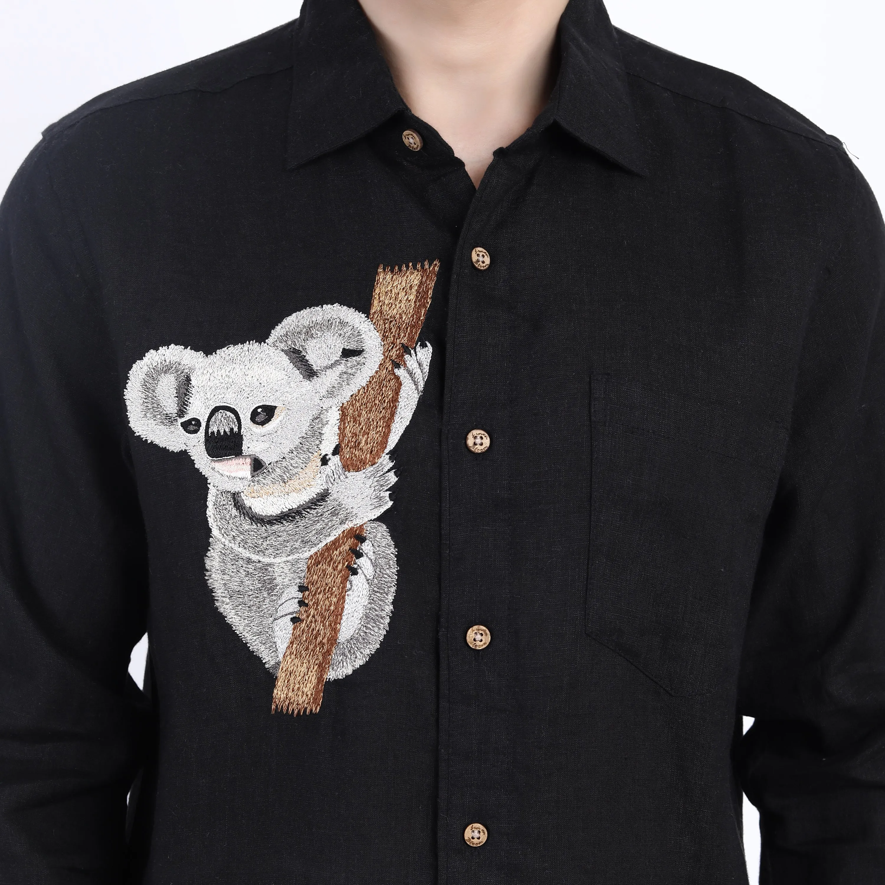 Black Koala Bear Embroidered Linen Shirt