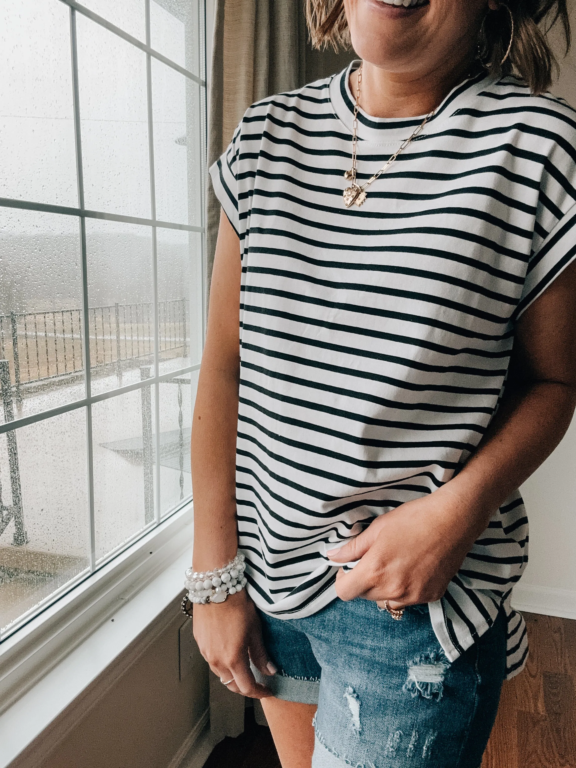 Black   White Striped Cap Sleeve Tank