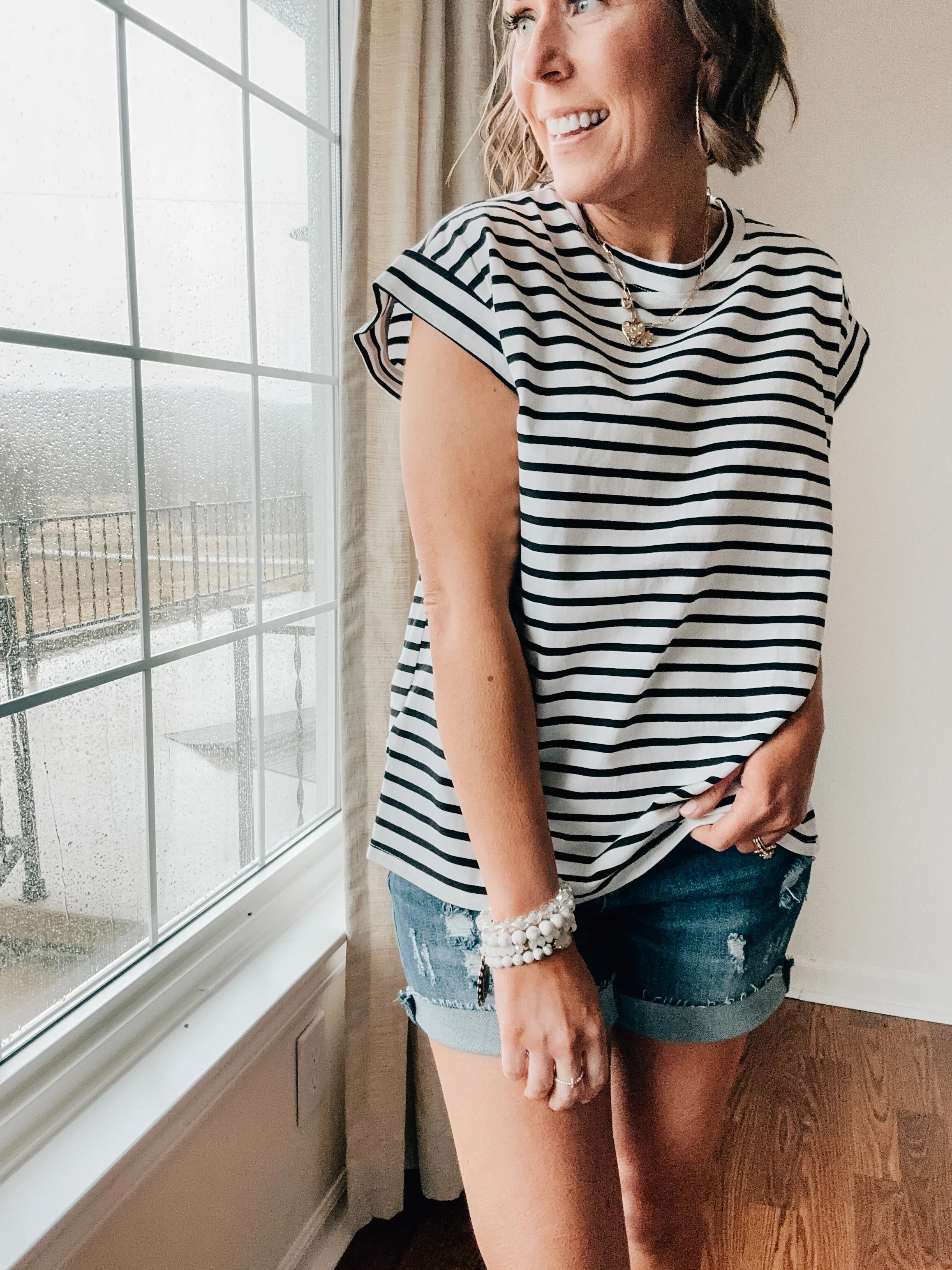 Black   White Striped Cap Sleeve Tank