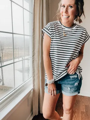 Black   White Striped Cap Sleeve Tank