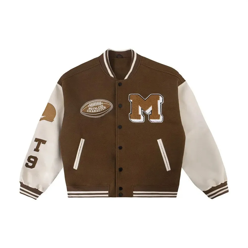 Brown Leather Y2K Varsity Jacket - Essential Streetwear