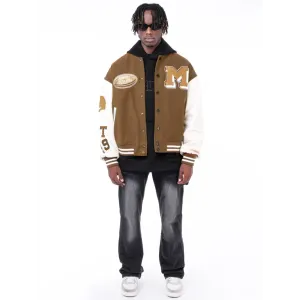 Brown Leather Y2K Varsity Jacket - Essential Streetwear