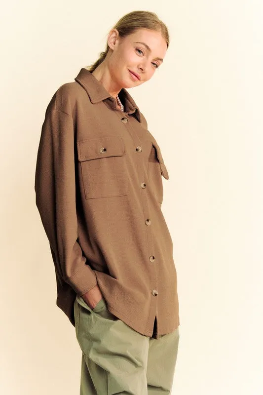 Brown Waffle-Knit Button Down Shirt with Collar