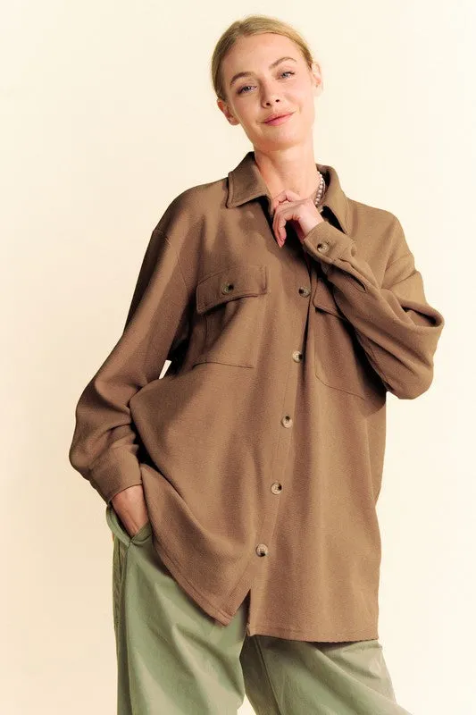 Brown Waffle-Knit Button Down Shirt with Collar