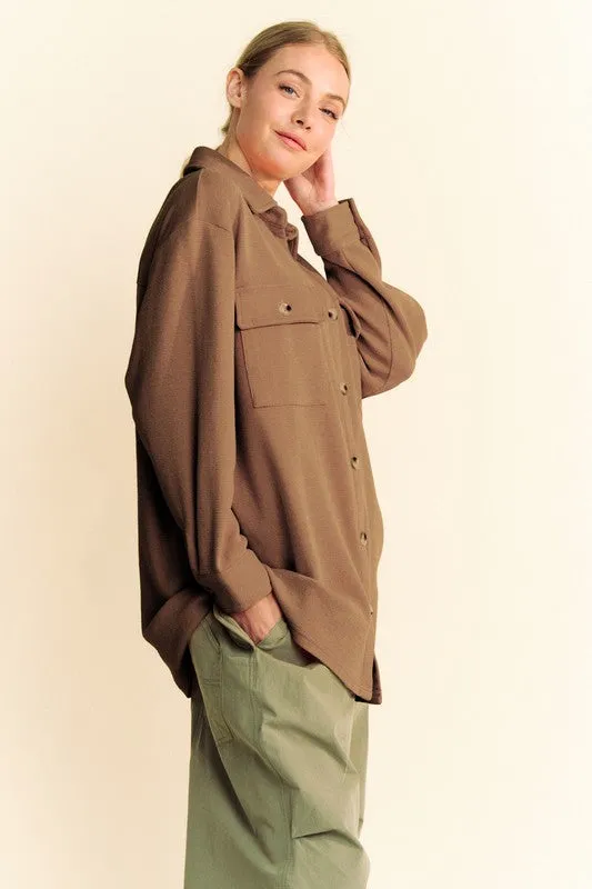 Brown Waffle-Knit Button Down Shirt with Collar