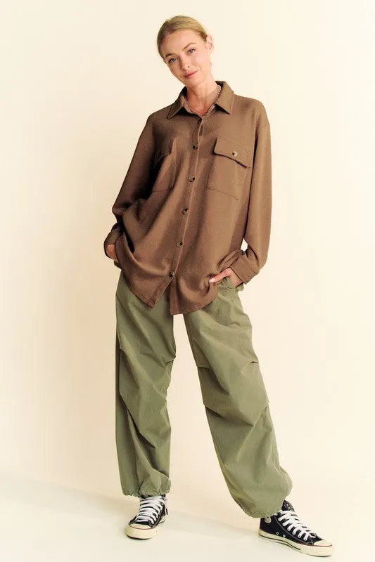 Brown Waffle-Knit Button Down Shirt with Collar