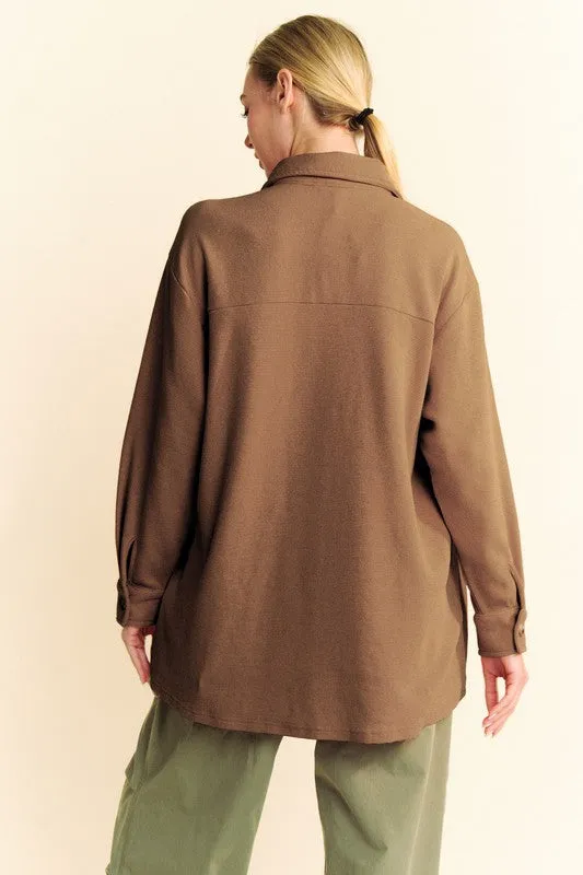 Brown Waffle-Knit Button Down Shirt with Collar