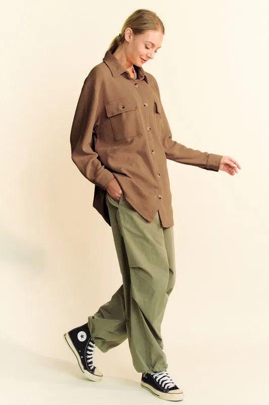 Brown Waffle-Knit Button Down Shirt with Collar