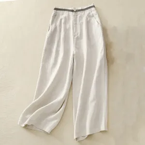 Buddha Stones Solid Color Front Button Back Elastic Cotton Linen Women's Pants With Pockets