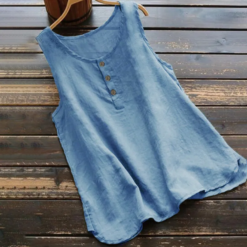 Buddha Stones Summer Pure Color Crew Collar Button Cotton Linen Women's Vest Waistcoat