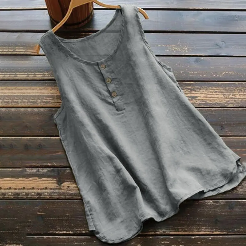 Buddha Stones Summer Pure Color Crew Collar Button Cotton Linen Women's Vest Waistcoat