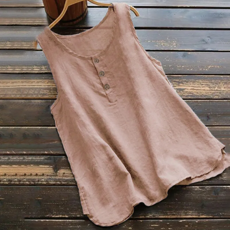 Buddha Stones Summer Pure Color Crew Collar Button Cotton Linen Women's Vest Waistcoat