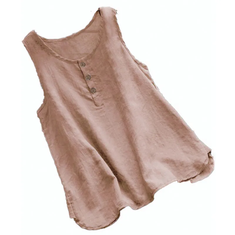 Buddha Stones Summer Pure Color Crew Collar Button Cotton Linen Women's Vest Waistcoat