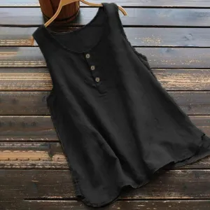 Buddha Stones Summer Pure Color Crew Collar Button Cotton Linen Women's Vest Waistcoat
