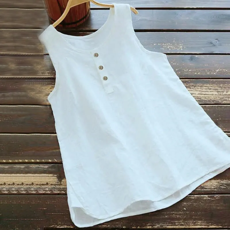 Buddha Stones Summer Pure Color Crew Collar Button Cotton Linen Women's Vest Waistcoat