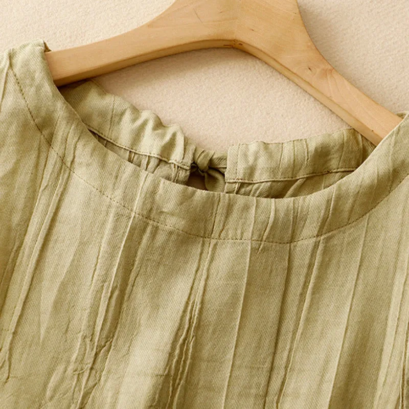 Buddha Stones Summer Pure Color Wrinkle Lace-up Sleeveless Cotton Linen Vest Women's Waistcoat
