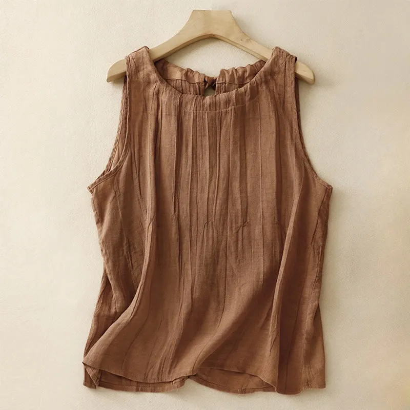 Buddha Stones Summer Pure Color Wrinkle Lace-up Sleeveless Cotton Linen Vest Women's Waistcoat