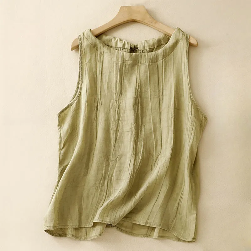 Buddha Stones Summer Pure Color Wrinkle Lace-up Sleeveless Cotton Linen Vest Women's Waistcoat