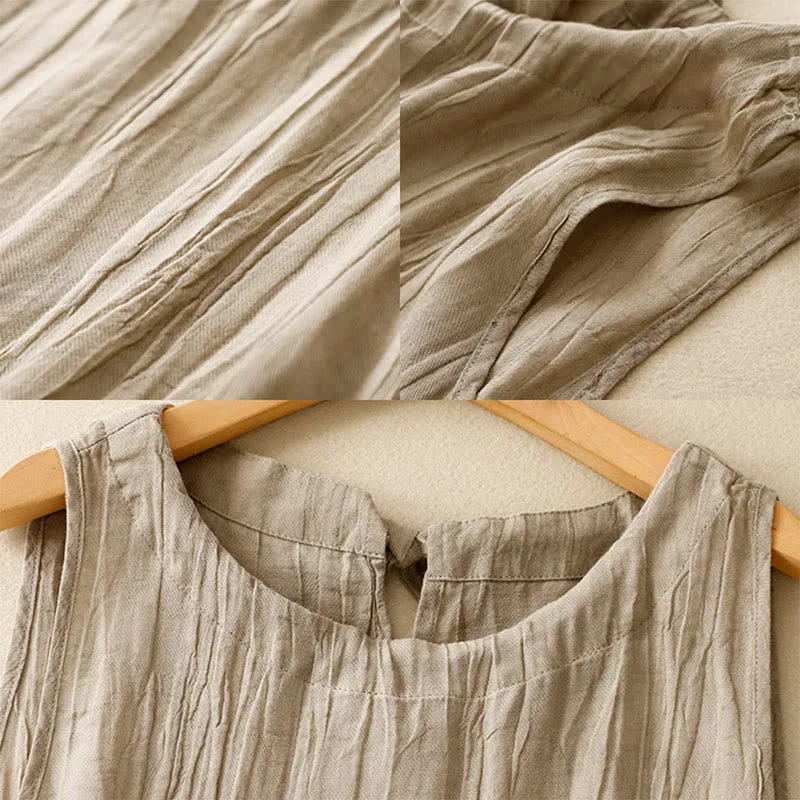 Buddha Stones Summer Pure Color Wrinkle Lace-up Sleeveless Cotton Linen Vest Women's Waistcoat