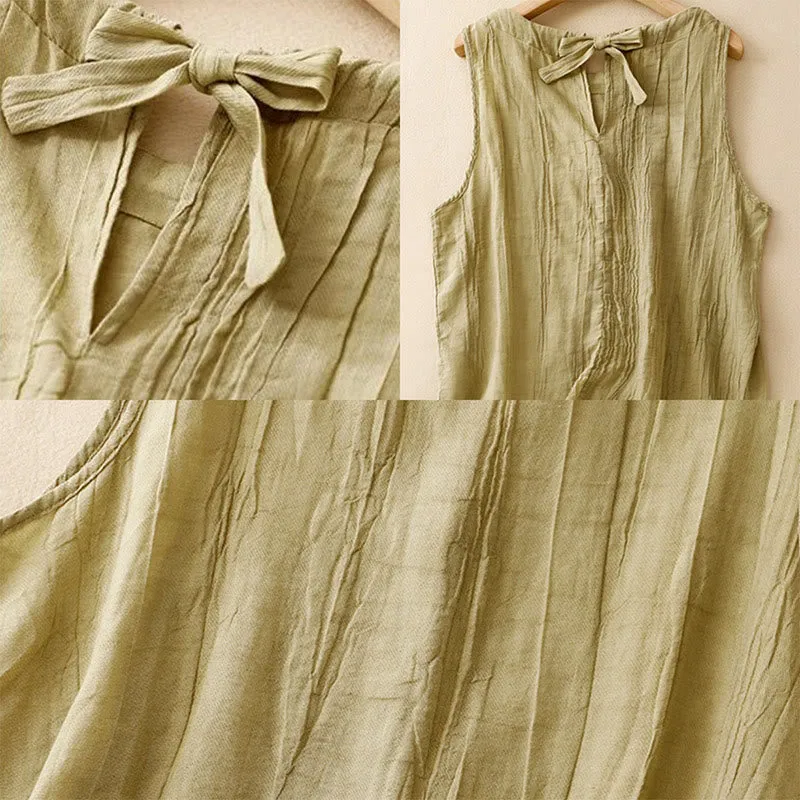 Buddha Stones Summer Pure Color Wrinkle Lace-up Sleeveless Cotton Linen Vest Women's Waistcoat