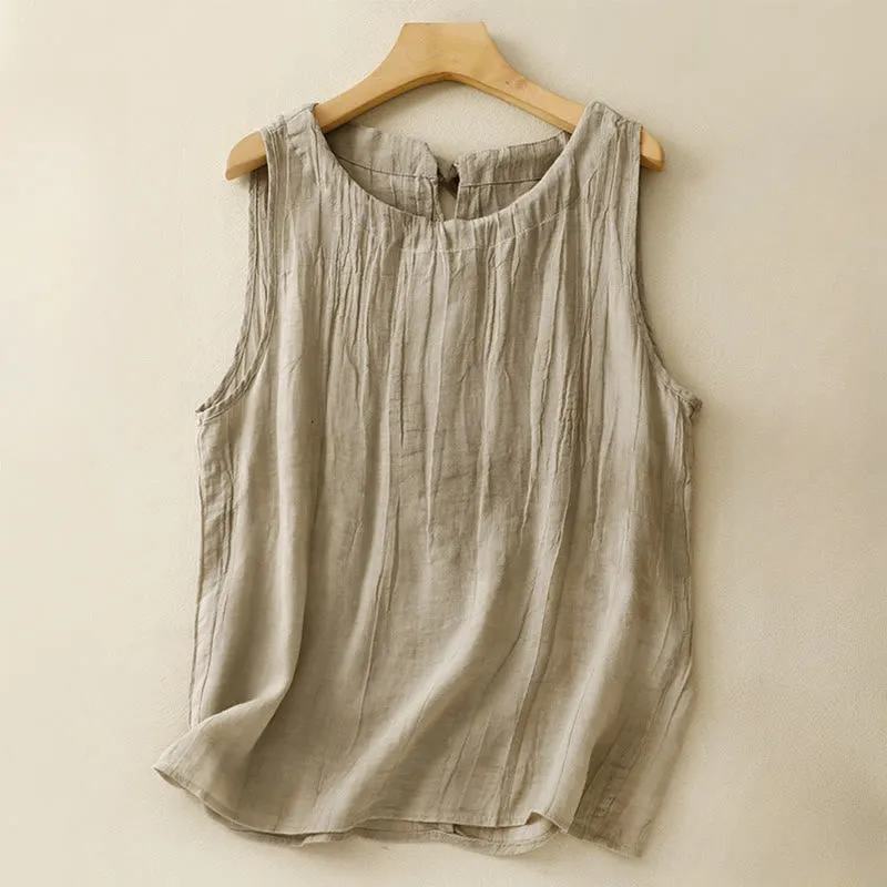 Buddha Stones Summer Pure Color Wrinkle Lace-up Sleeveless Cotton Linen Vest Women's Waistcoat