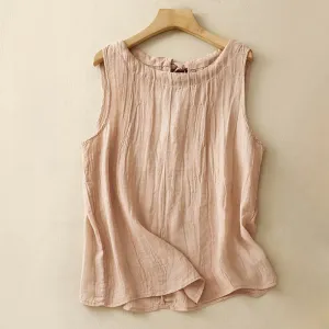Buddha Stones Summer Pure Color Wrinkle Lace-up Sleeveless Cotton Linen Vest Women's Waistcoat