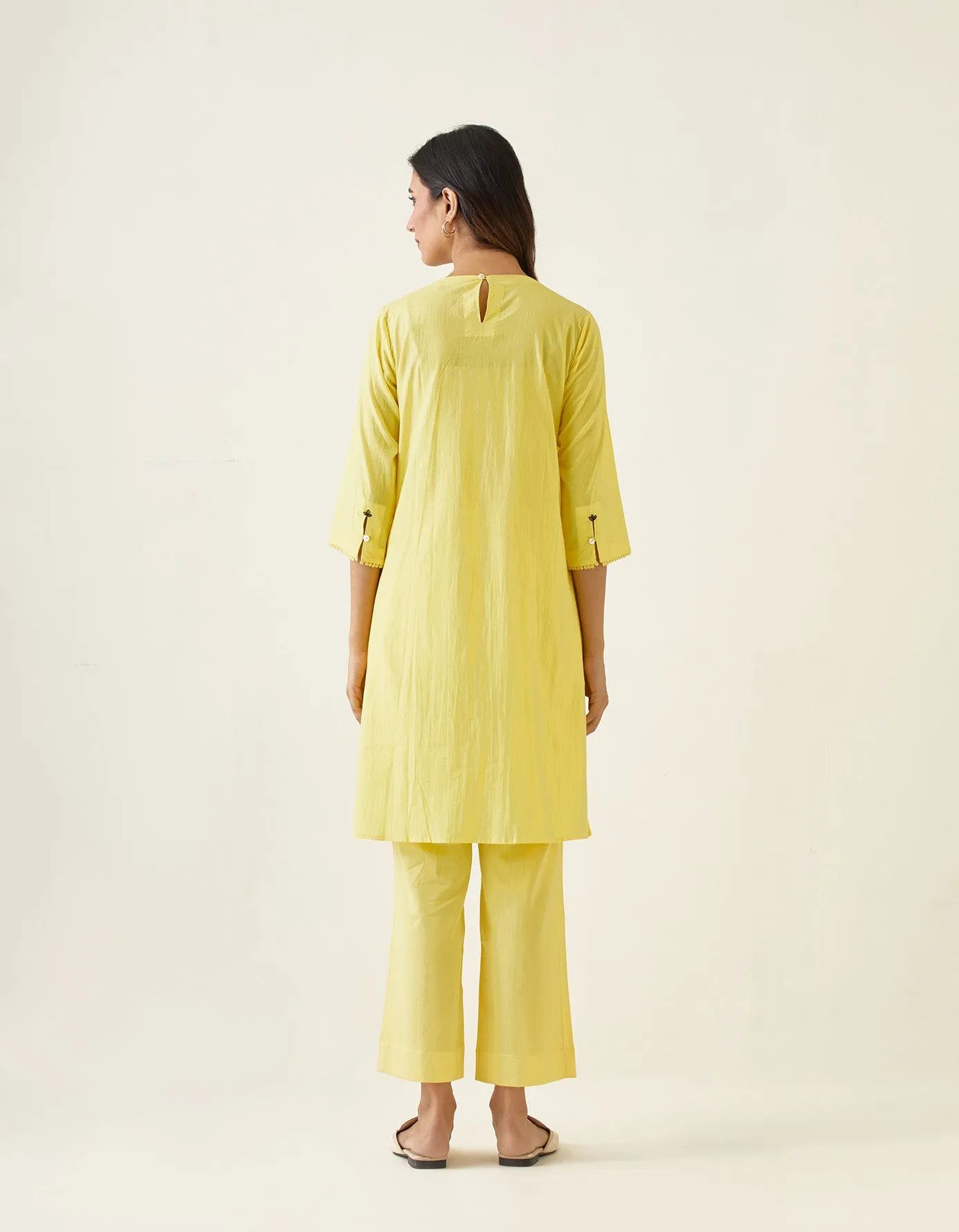 Coordinate Set- A line Pin tuck Kurta with Pants  in Maize Yellow Cotton (Set of 2)