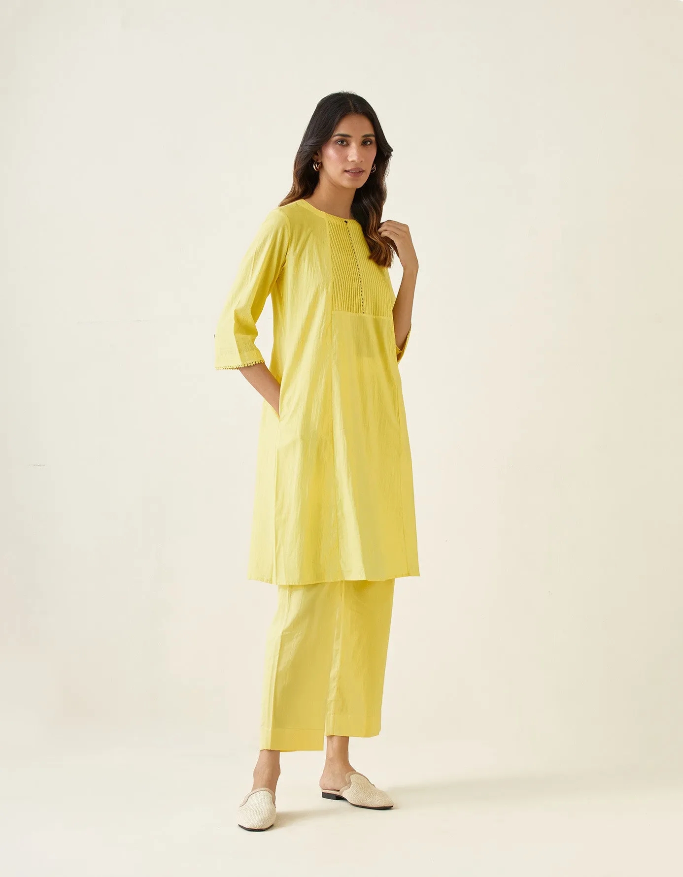 Coordinate Set- A line Pin tuck Kurta with Pants  in Maize Yellow Cotton (Set of 2)