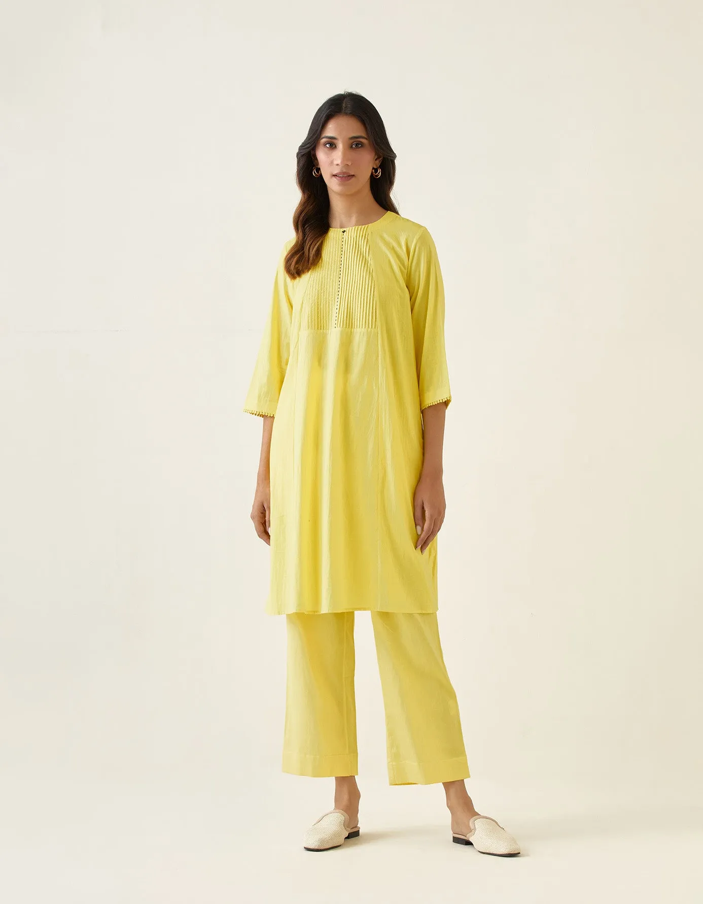 Coordinate Set- A line Pin tuck Kurta with Pants  in Maize Yellow Cotton (Set of 2)