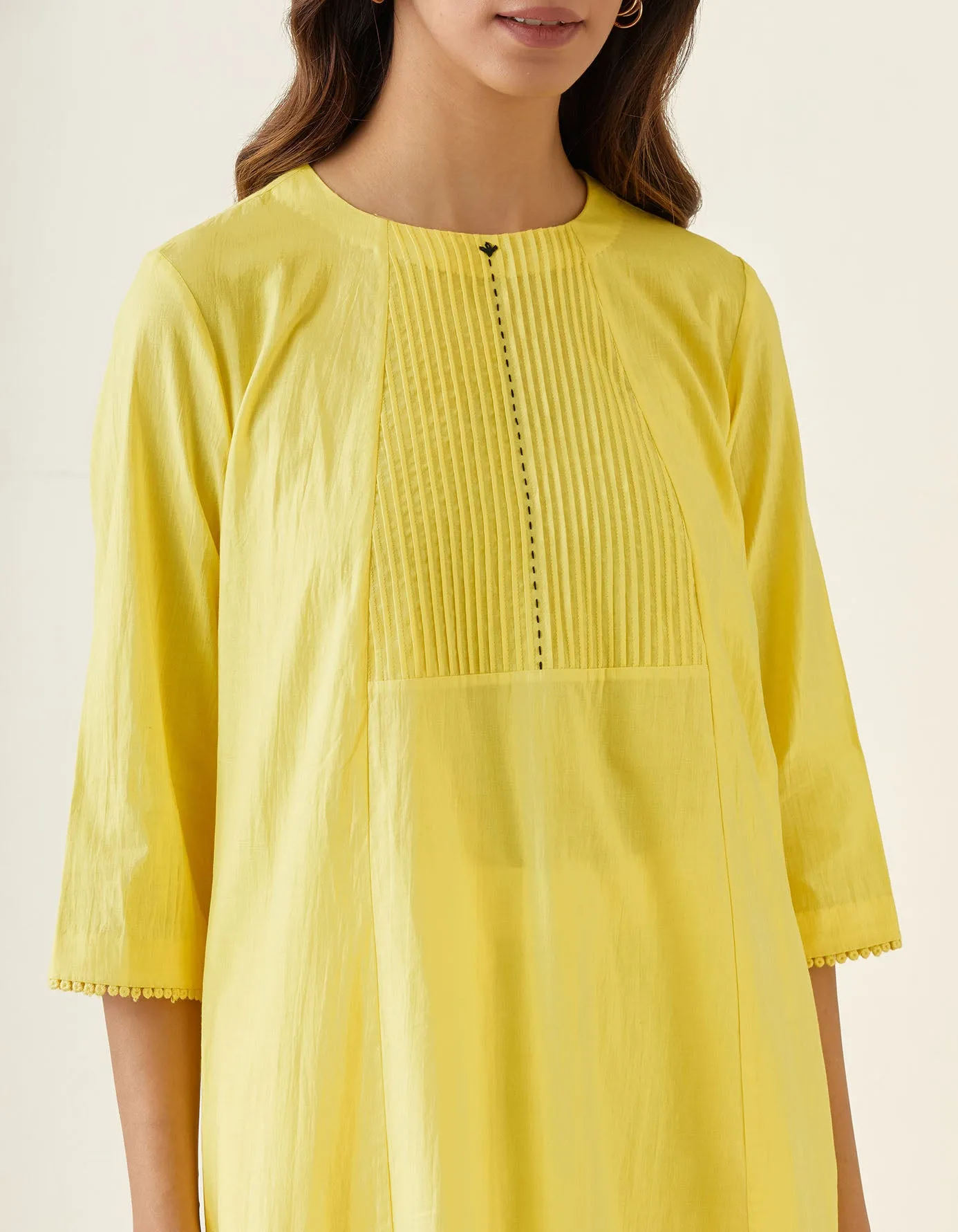 Coordinate Set- A line Pin tuck Kurta with Pants  in Maize Yellow Cotton (Set of 2)