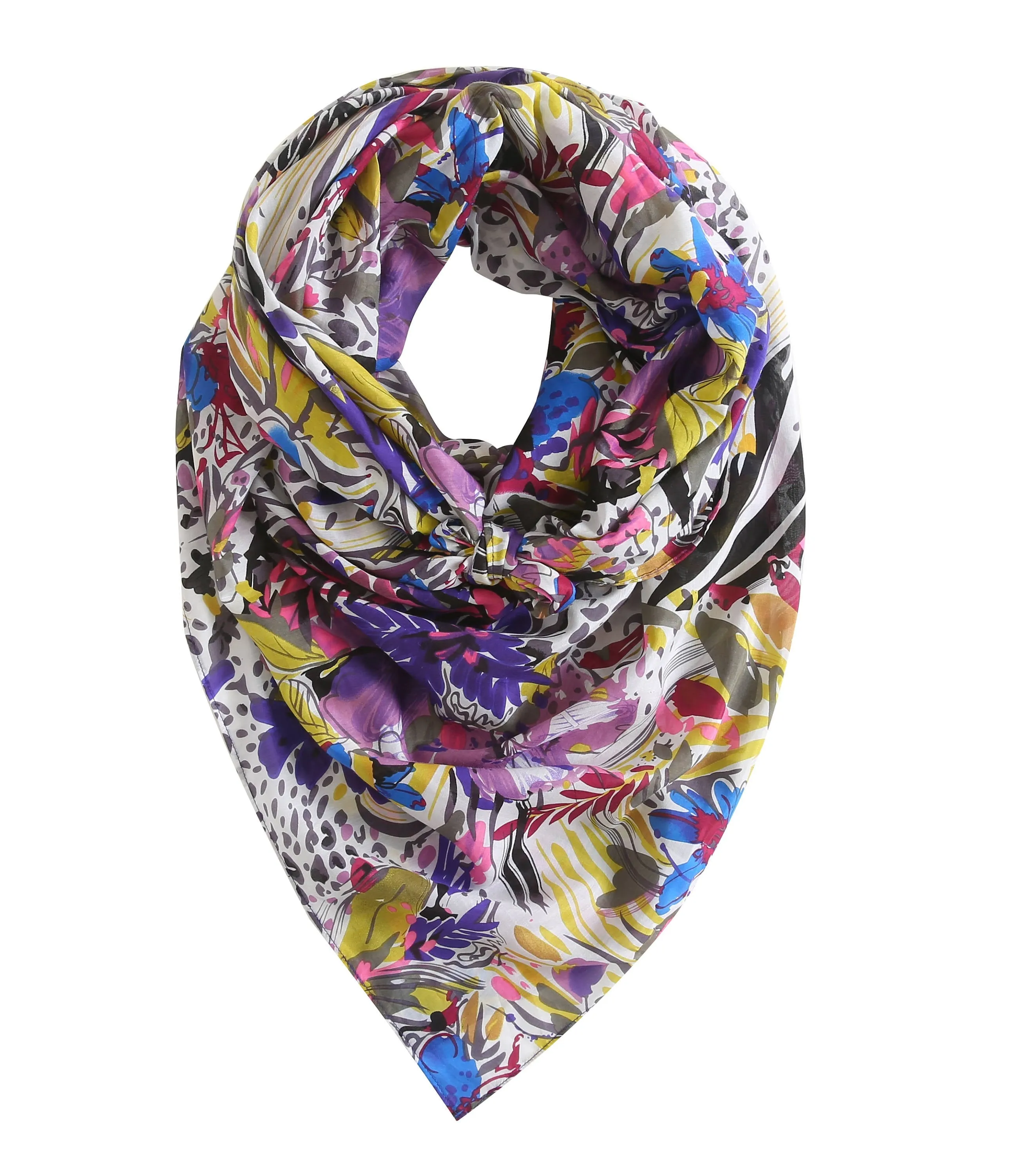 Cotton Silk Oversized Square Scarf Wrap Shawl, Multicolored Floral Foliage Print Cotton Silk Scarf, Mother's Day Gift