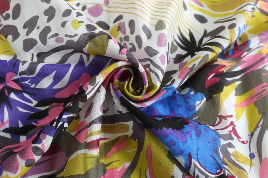 Cotton Silk Oversized Square Scarf Wrap Shawl, Multicolored Floral Foliage Print Cotton Silk Scarf, Mother's Day Gift