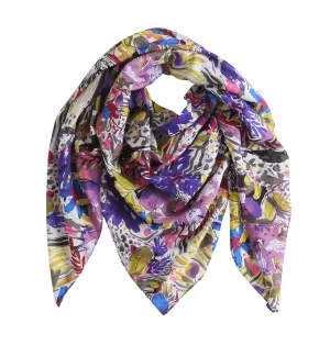 Cotton Silk Oversized Square Scarf Wrap Shawl, Multicolored Floral Foliage Print Cotton Silk Scarf, Mother's Day Gift
