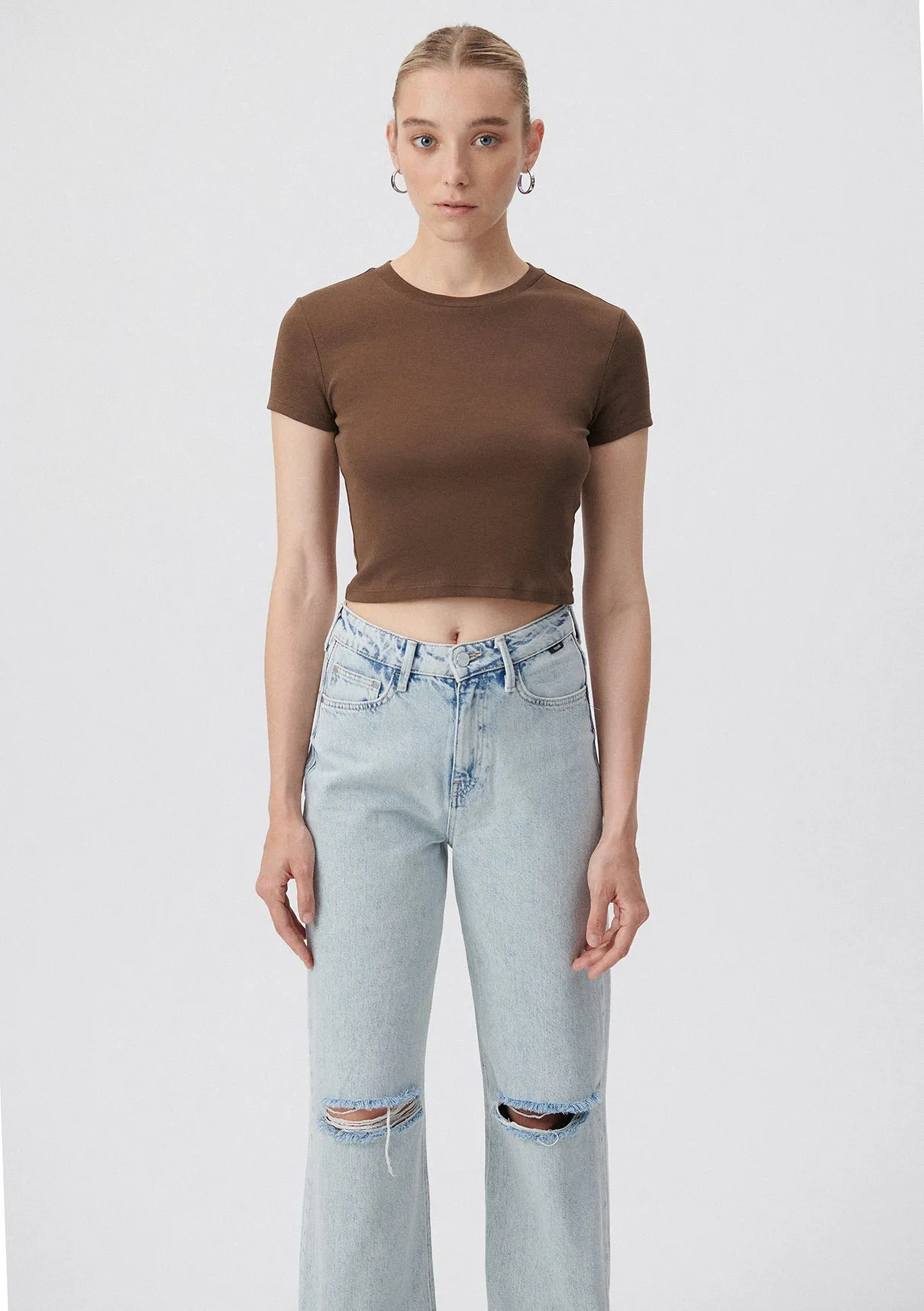 Crew Neck Brown Basic T-Shirt