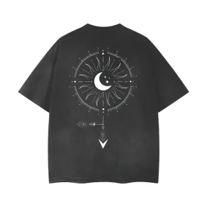 Demigirl Gender Symbol in Celestial Design on Black Vintage Wash Frayed T-Shirt - 260 GSM