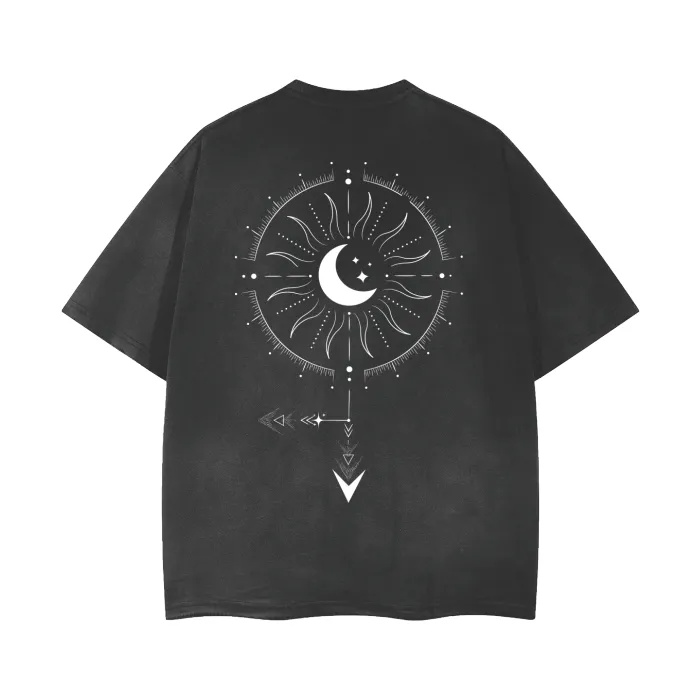 Demigirl Gender Symbol in Celestial Design on Black Vintage Wash Frayed T-Shirt - 260 GSM