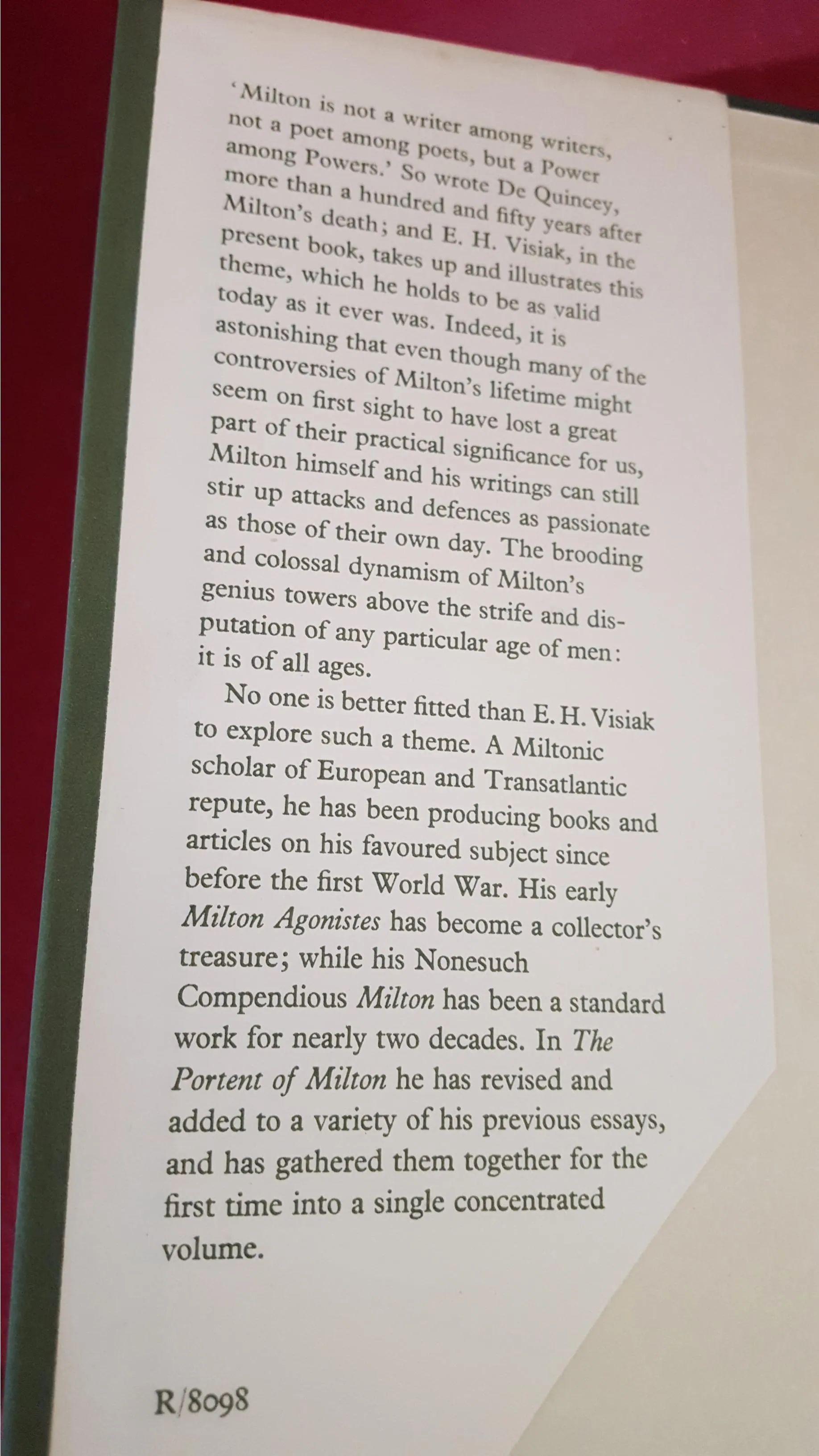 E H Visiak - The Portent of Milton Some Aspects Of His Genius, Werner Laurie, 1958