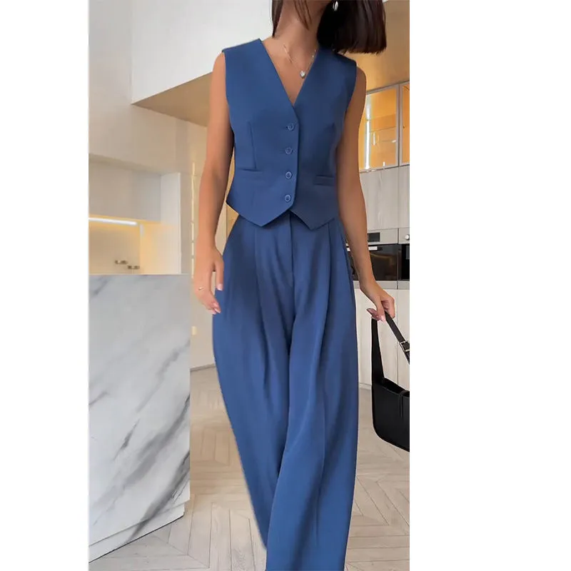 Effortlessly Chic  V-Neck Sleeveless Vest and Wide-Leg Trousers Two-Piece Set for a Relaxed Yet Stylish Look