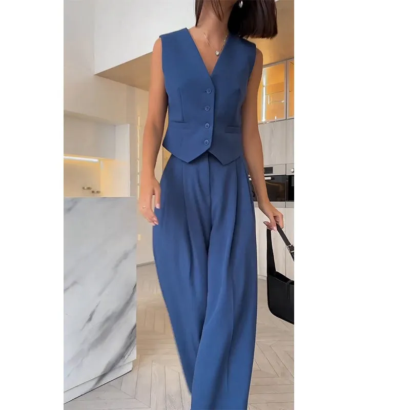 Effortlessly Chic  V-Neck Sleeveless Vest and Wide-Leg Trousers Two-Piece Set for a Relaxed Yet Stylish Look