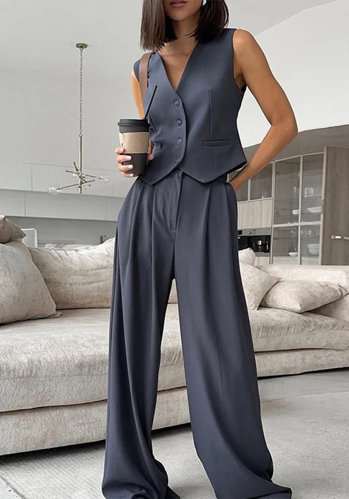 Effortlessly Chic  V-Neck Sleeveless Vest and Wide-Leg Trousers Two-Piece Set for a Relaxed Yet Stylish Look