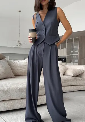 Effortlessly Chic  V-Neck Sleeveless Vest and Wide-Leg Trousers Two-Piece Set for a Relaxed Yet Stylish Look