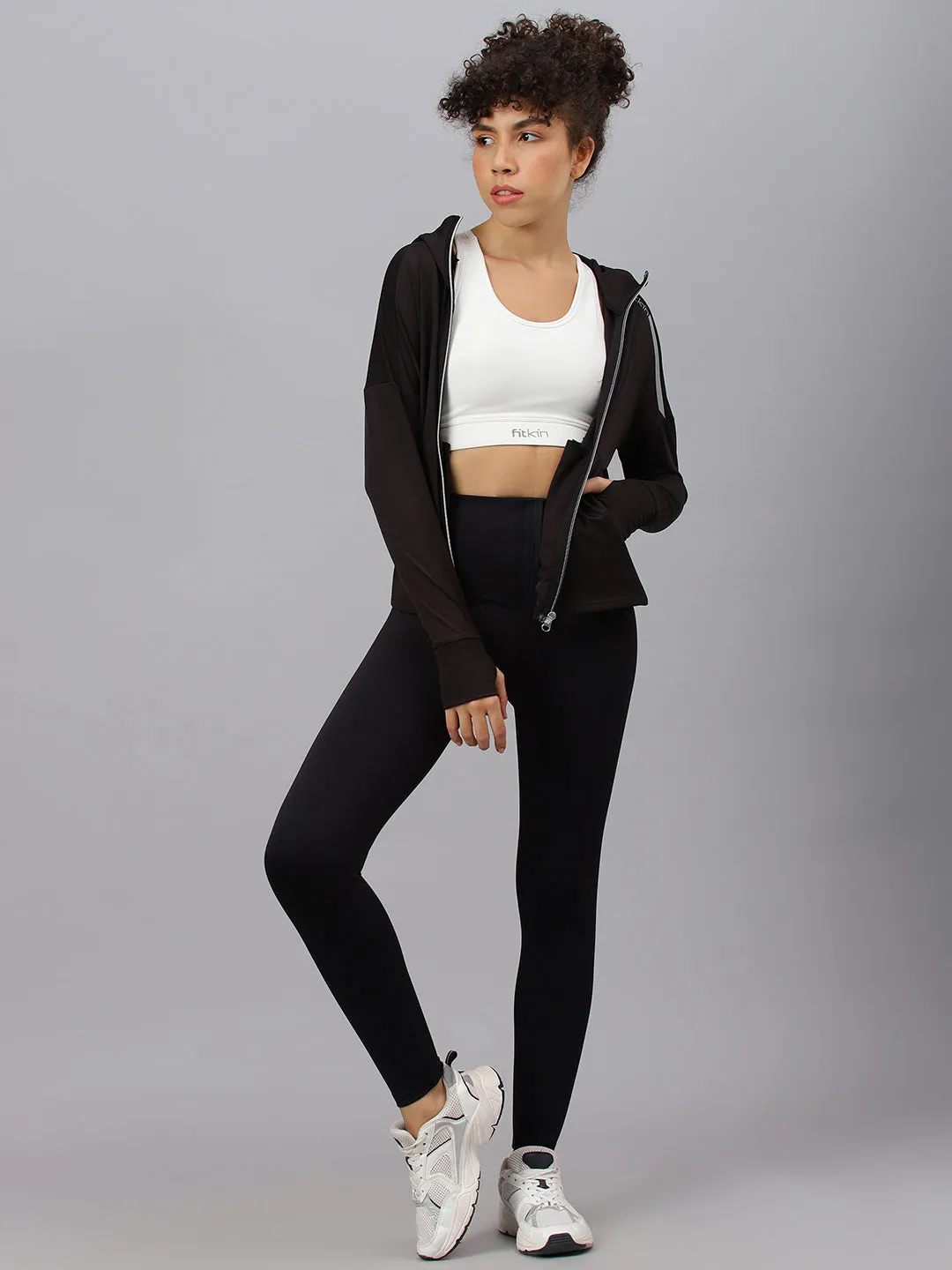Fitkin women's black full zipper hooded jacket
