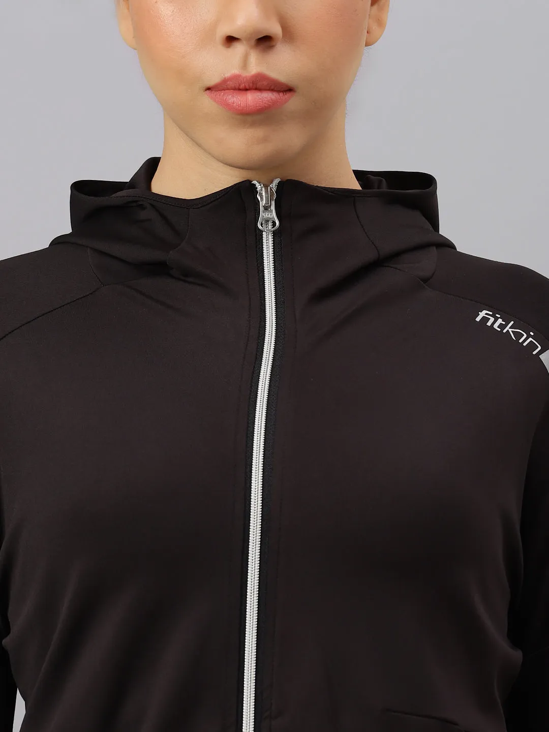 Fitkin women's black full zipper hooded jacket