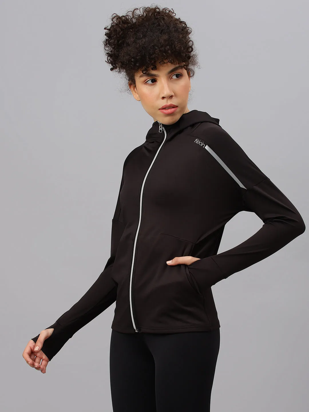 Fitkin women's black full zipper hooded jacket